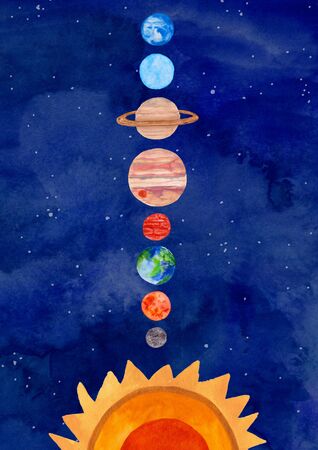 Illustration with solar system planets on a watercolor blue background. Kids gouache hand painted cosmic poster or card.の写真素材