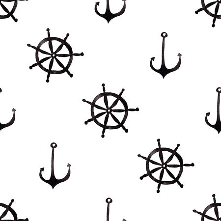 Nautical seamless pattern with black anchor and wheel on a white background. Kids watercolor painted funny wallpaper.の写真素材