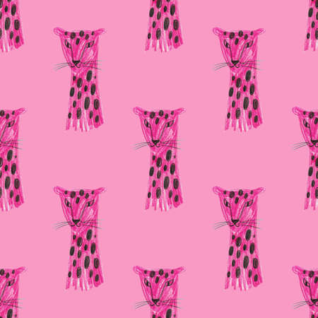 Seamless pattern with cheetah faces. Kids funny background. Hand drawn with black pencil animal print.の写真素材