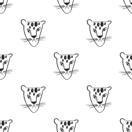 Seamless pattern with cheetah faces. Kids funny background. Hand drawn with black pencil animal print.の写真素材