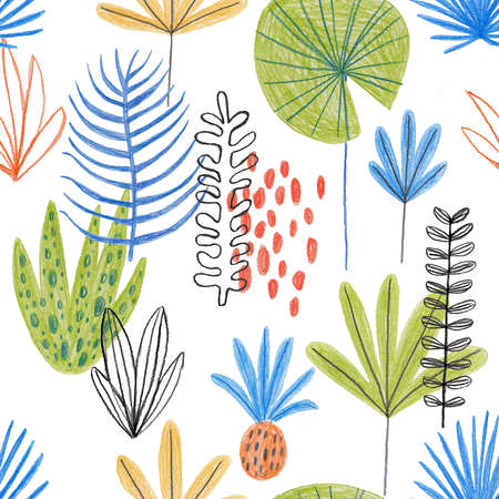 Colorful seamless pattern with exotic plants. Kids funny background. Hand drawn with colored pencils.の写真素材