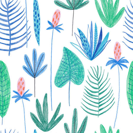 Colorful seamless pattern with exotic plants. Kids funny background. Hand drawn with colored pencils.の写真素材