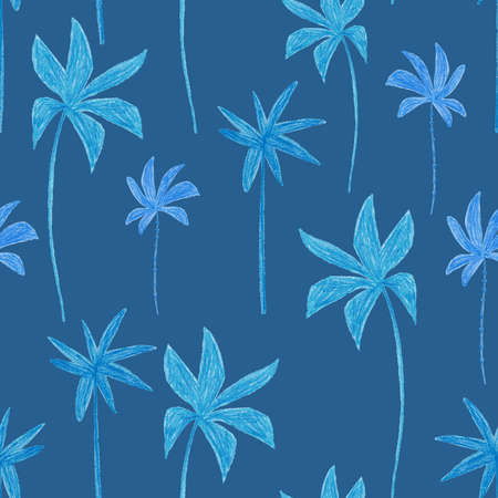 Seamless pattern with blue palm trees. Tropical wallpaper. Hand drawn with colored pencils.の写真素材