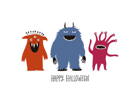 Happy Halloween greeting card with cute spooky monsters. Funny t-shirt design print.