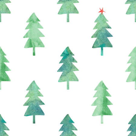 Abstract seamless pattern with green watercolor trees on a white background. Winter forest. Simple Scandinavian design.の写真素材