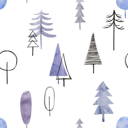 Abstract seamless pattern with watercolor trees on a white background. Winter forest. Simple Scandinavian design.の写真素材