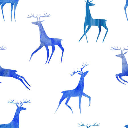 Seamless pattern with blue elegant watercolor deers on a white background. Simple Scandinavian design.の写真素材