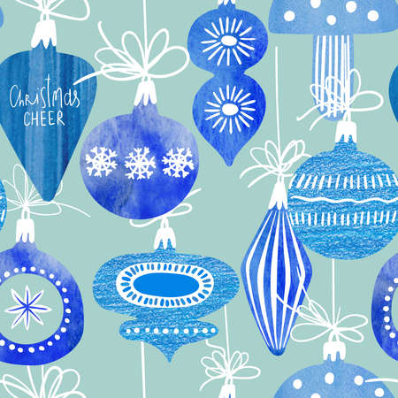 Abstract seamless pattern with watercolor and oil pastel painted Christmas decoration. Winter holiday wrapping paper.の写真素材