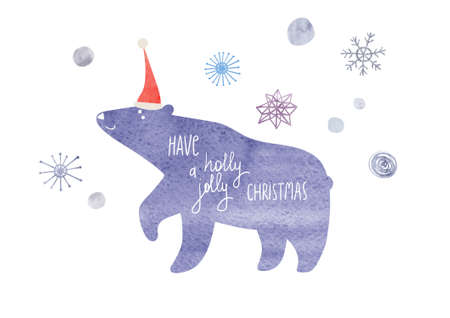 Christmas greeting card with watercolor bear and snowflakes. Simple Scandinavian design.の写真素材