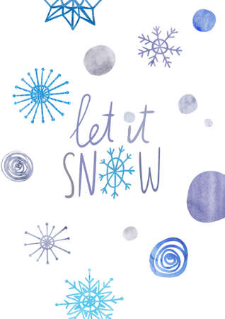 Winter greeting card with watercolor snowflakes and text - let it snow. Simple Scandinavian design.の写真素材