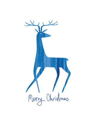 Christmas greeting card or poster with blue watercolor deer. Simple Scandinavian design.の写真素材