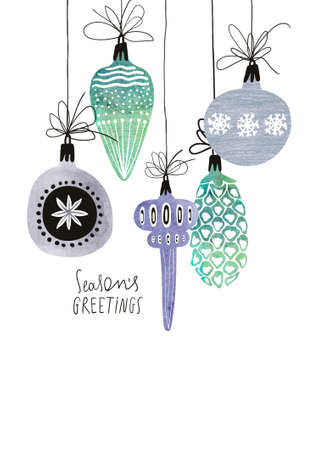 Christmas greeting card with hanging watercolor dacoration and text - season greetings. Simple Scandinavian design.の写真素材