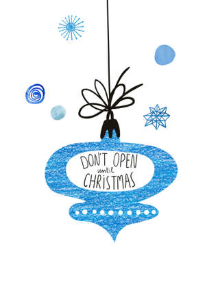 Christmas greeting card with hanging oil pastel painted toy. Simple Scandinavian design.の写真素材
