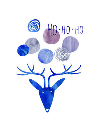 Christmas greeting card with watercolor deer head and abstract snow balls. Simple Scandinavian design.の写真素材