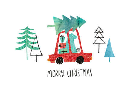 Christmas greeting card. Bear riding the red car with presents and tree above.の写真素材