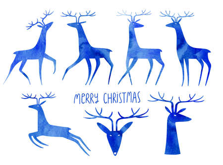 Collection of isolated blue watercolor deer illustrations. Simple scandinavian design.の写真素材