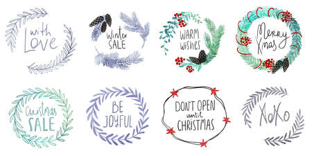 Isolated watercolor Christmas wreaths and lettering phrases inside. Winter collection.の写真素材
