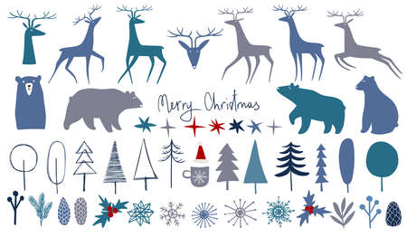 Collection of isolated Merry Christmas vector illustrations. Simple scandinavian design.のイラスト素材