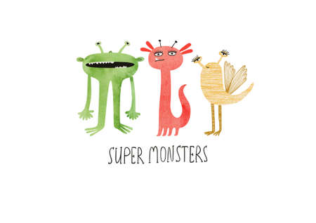 Happy Halloween greeting card with cute super monsters. Funny t-shirt design print.