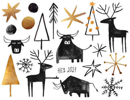 Set of gold and black gouache painted Christmas elements - tree, deer, snowflake. And symbol ot the 2021 new year - bull.の写真素材