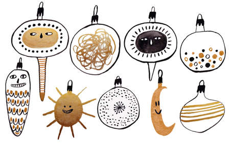 Set of gold and black gouache painted Christmas tree toys. Strange and funny Christmas collection.の写真素材
