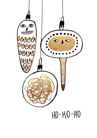 Greeting card with strange and funny Christmas tree toys. Black and gold gouache painted poster.の写真素材