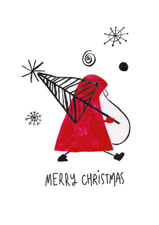 Christmas greeting card with funny santa carrying holiday tree. Simple Scandinavian design.の写真素材