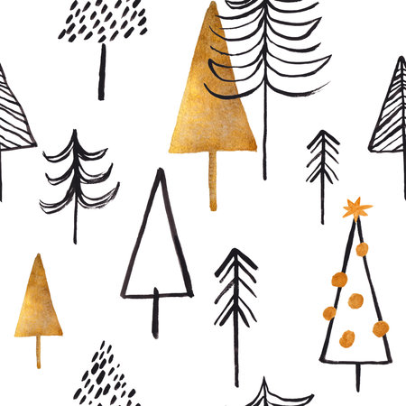 Christmas seamless pattern with black and gold trees on a white background. Simple Scandinavian design.の写真素材