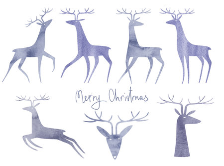 Collection of isolated watercolor deer illustrations. Simple scandinavian design.の写真素材