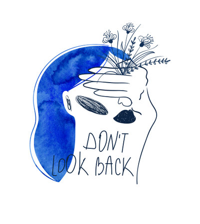 Woman with watercolor blue hair and a hand closing her eyes. Bizarre girl portrait with text - don't look back. Female t-shirt design.の写真素材