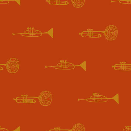 Funny seamless pattern with yellow trumpets on an orange background. Musical collection.のイラスト素材