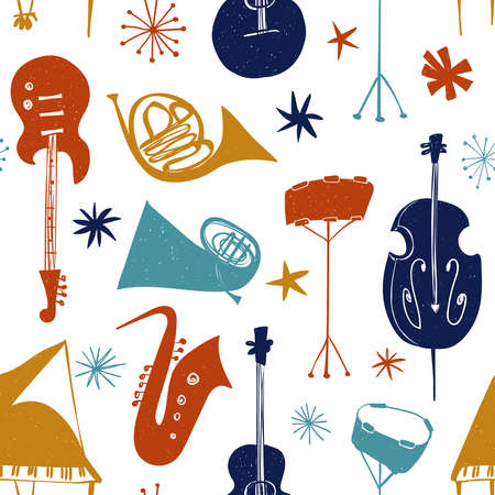 Funny seamless pattern with colorful musical instruments on a white background. Abstract music collection.のイラスト素材