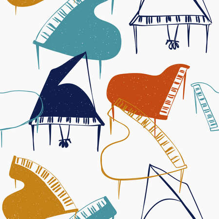 Funny seamless pattern with colorful piano on a white background. Abstract musical print.のイラスト素材
