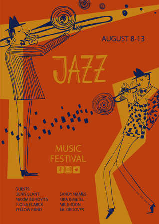 Colorful jazz poster with cartoon trumpet and trombone players. Creative musical flyer design template.のイラスト素材