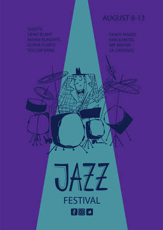 Colorful jazz poster with cartoon funny drummer. Creative musical flyer design template.のイラスト素材