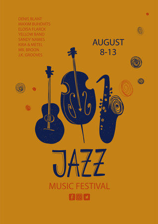 Colorful jazz poster with cartoon guitar, saxophone and double bass instruments. Creative musical flyer design template.のイラスト素材