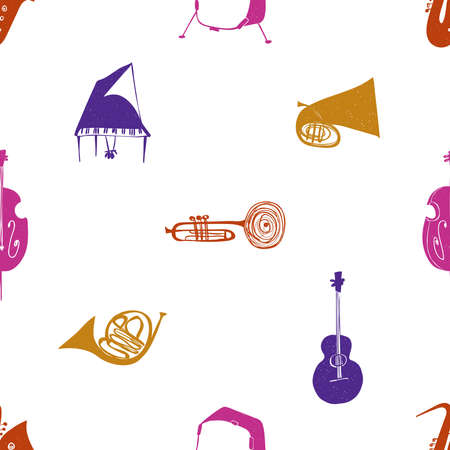 Funny seamless pattern with colorful musical instruments on a white background. Music collection.のイラスト素材