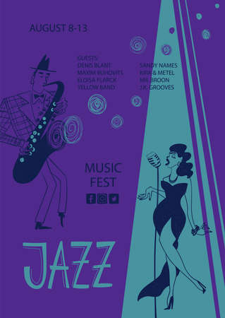 Colorful jazz poster with cartoon woman singer and saxophone player. Creative musical flyer design template.のイラスト素材