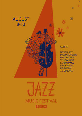 Colorful jazz poster with cartoon double bass player. Creative musical flyer design template.のイラスト素材