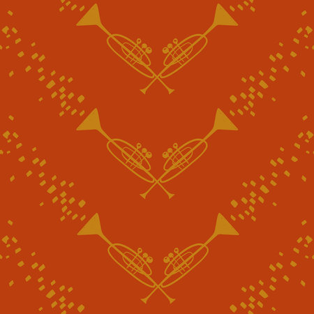 Funny seamless pattern with yellow trumpets on an orange background. Musical collection.のイラスト素材