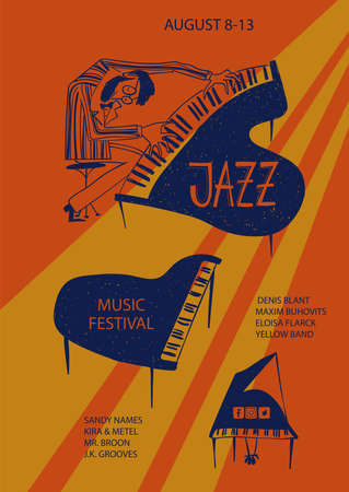 Colorful jazz poster with cartoon piano and pianist. Creative musical flyer design template.のイラスト素材