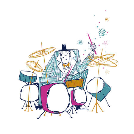 Illustration with funny isolated drummer in suit. Jazz musician character drawing.のイラスト素材