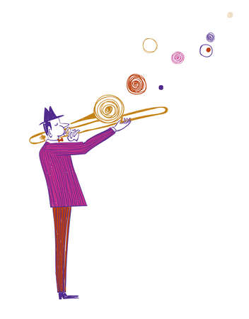 Illustration with funny isolated trombone player in suit. Jazz musician character drawing.のイラスト素材