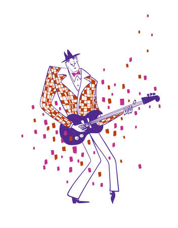 Illustration with funny isolated guitar player in suit. Jazz musician character drawing.のイラスト素材