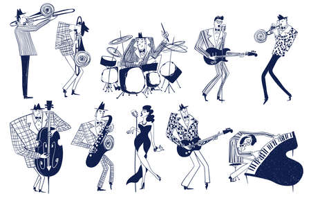 Illustrations with isolated jazz musician characters. Funny mono color musical collection.のイラスト素材
