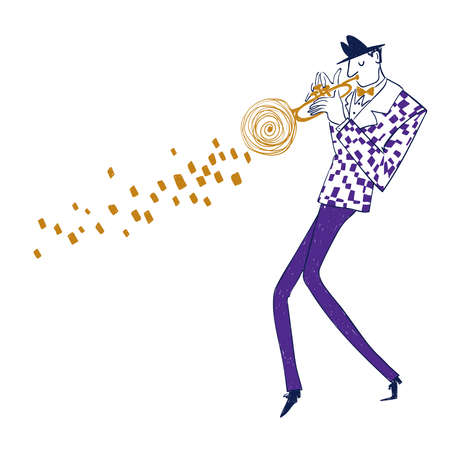 Illustration with isolated trumpet player in suit. Funny jazz musician character drawing.のイラスト素材