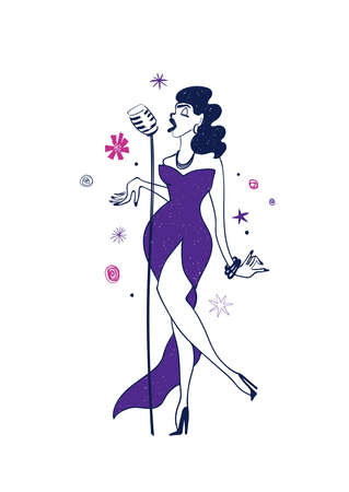 Illustration with cartoon isolated beautiful woman singer. Jazz musician character drawing.のイラスト素材