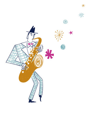 Illustration with funny isolated saxophone player in plaid suit. Jazz musician character drawing.のイラスト素材