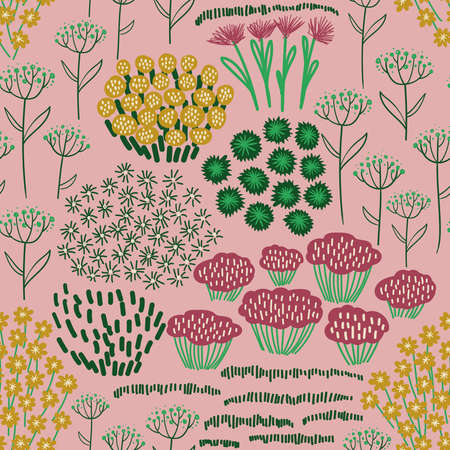 Bohemian floral seamless pattern. Rustic wildflowers wallpaper on a deep green background.のイラスト素材