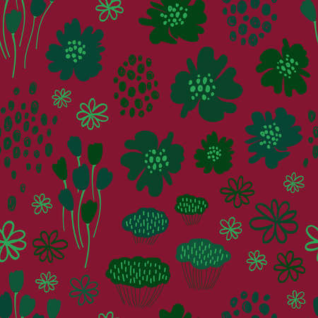 Bohemian floral seamless pattern. Rustic wildflowers wallpaper on a deep pink background.のイラスト素材